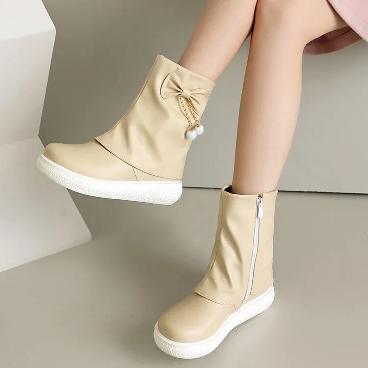 Women's Bows Round Toe Flat Platform Short Boots