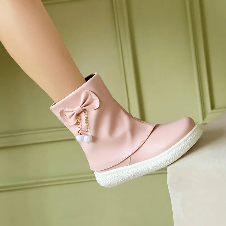 Women's Bows Round Toe Flat Platform Short Boots