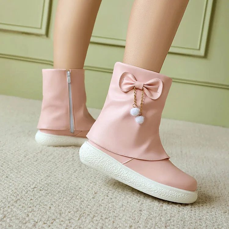 Women's Bows Round Toe Flat Platform Short Boots