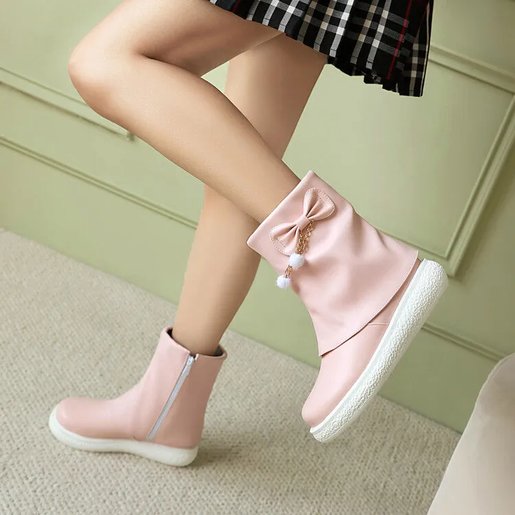 Women's Bows Round Toe Flat Platform Short Boots