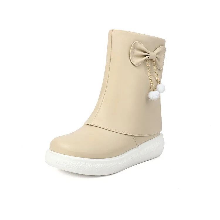 Women's Bows Round Toe Flat Platform Short Boots