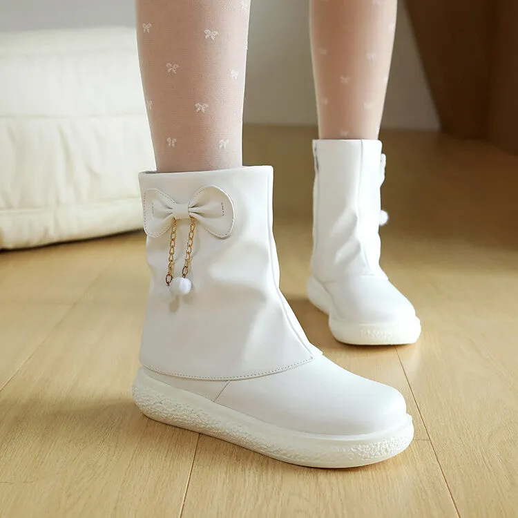 Women's Bows Round Toe Flat Platform Short Boots