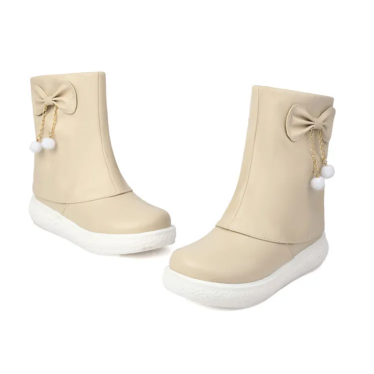 Women's Bows Round Toe Flat Platform Short Boots