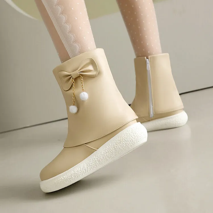 Women's Bows Round Toe Flat Platform Short Boots