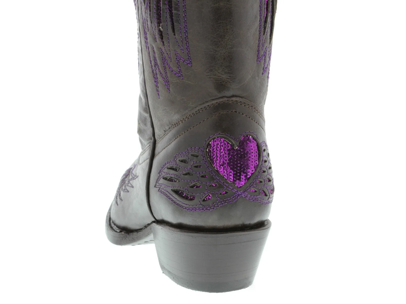 Womens Brown Cowboy Boots Purple Heart & Wings Sequins - Snip Toe