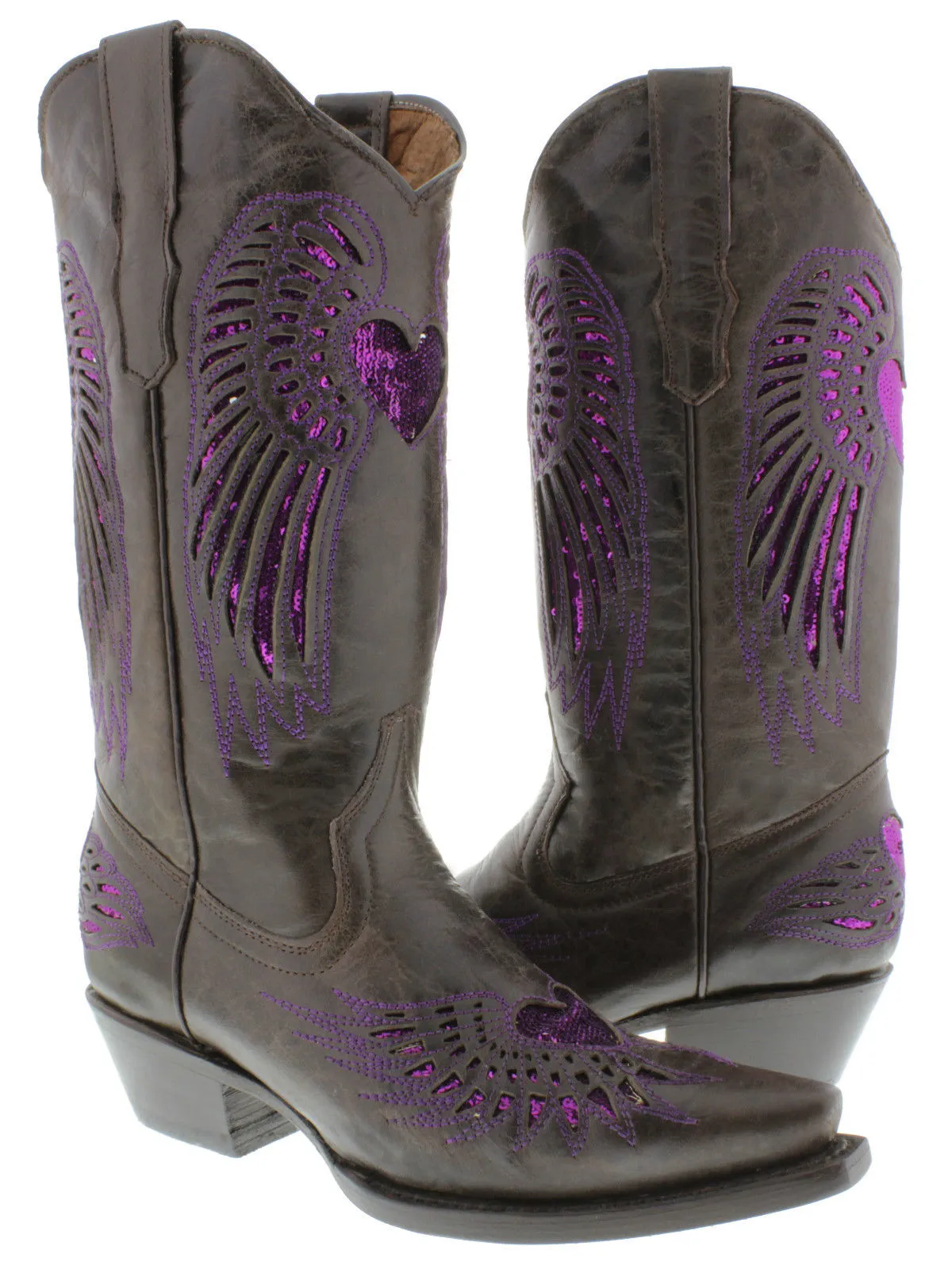 Womens Brown Cowboy Boots Purple Heart & Wings Sequins - Snip Toe