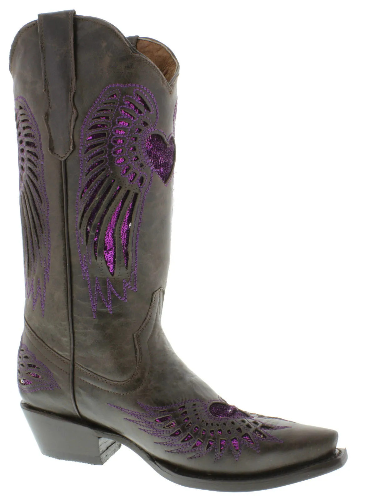 Womens Brown Cowboy Boots Purple Heart & Wings Sequins - Snip Toe