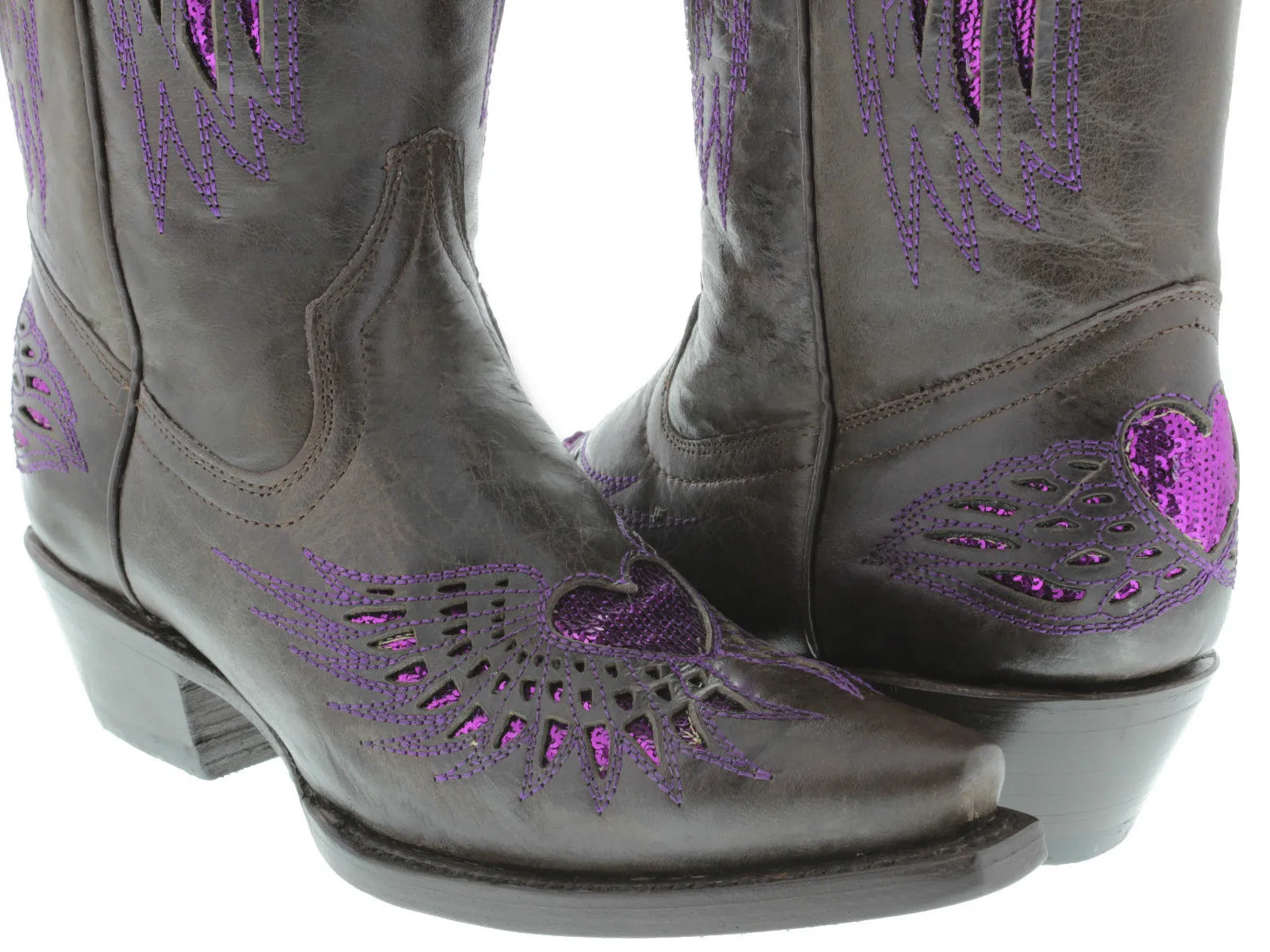 Womens Brown Cowboy Boots Purple Heart & Wings Sequins - Snip Toe