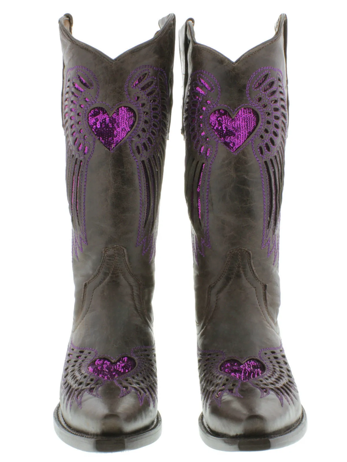 Womens Brown Cowboy Boots Purple Heart & Wings Sequins - Snip Toe