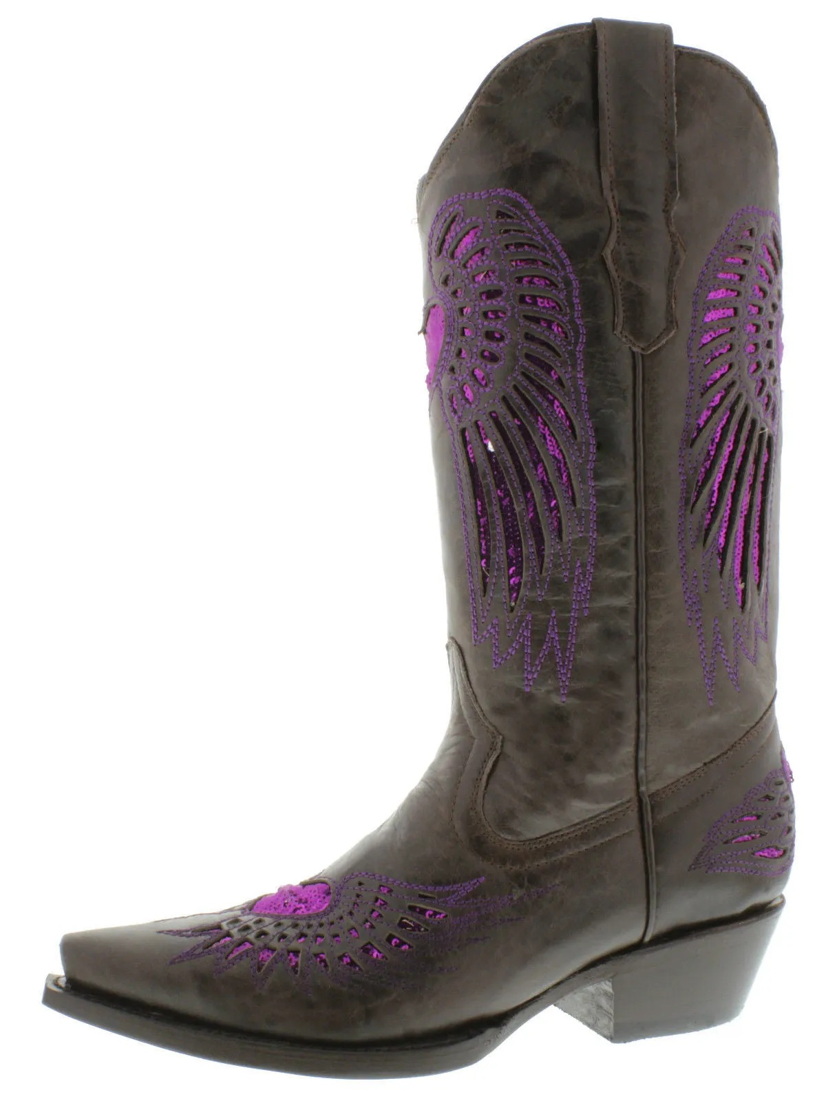 Womens Brown Cowboy Boots Purple Heart & Wings Sequins - Snip Toe