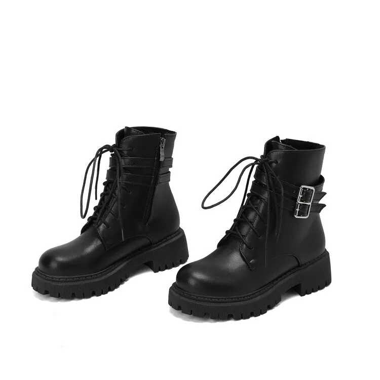 Women's Buckle Strap Lace Up Round Toe Flat Platform Short Boots