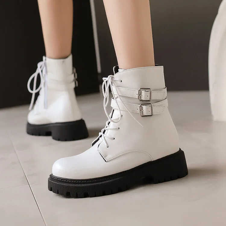 Women's Buckle Strap Lace Up Round Toe Flat Platform Short Boots