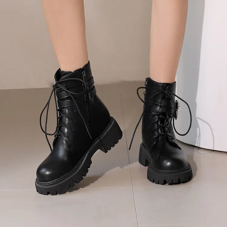 Women's Buckle Strap Lace Up Round Toe Flat Platform Short Boots