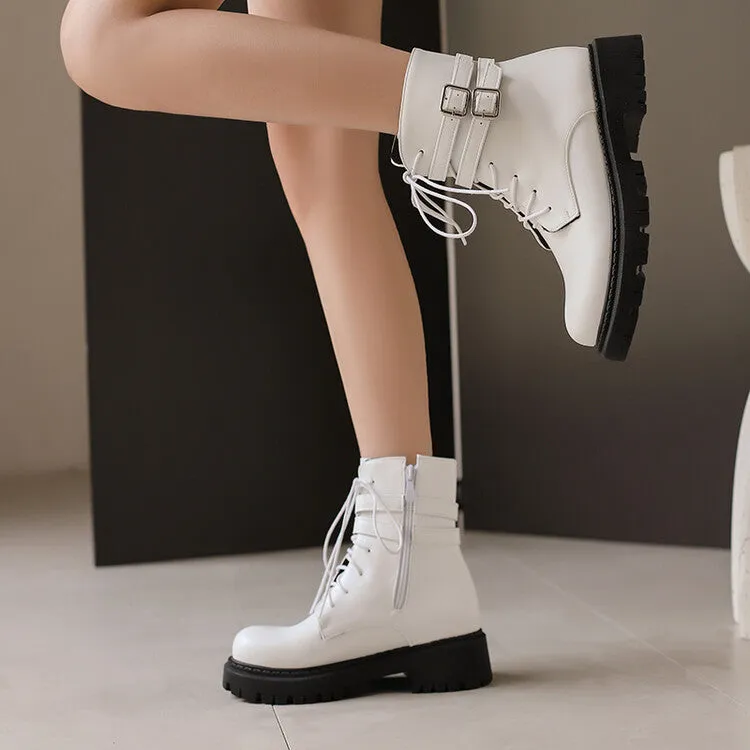 Women's Buckle Strap Lace Up Round Toe Flat Platform Short Boots