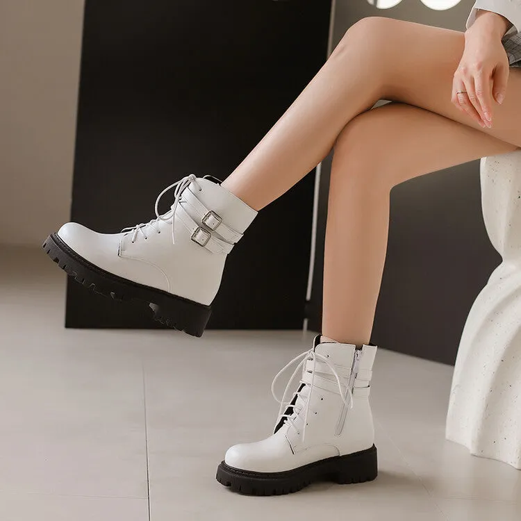 Women's Buckle Strap Lace Up Round Toe Flat Platform Short Boots