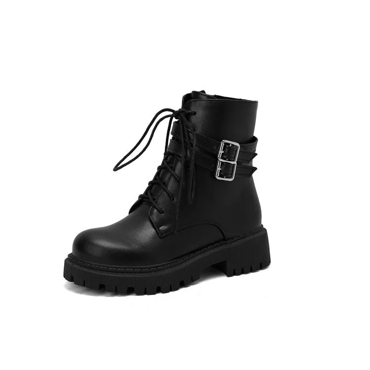 Women's Buckle Strap Lace Up Round Toe Flat Platform Short Boots