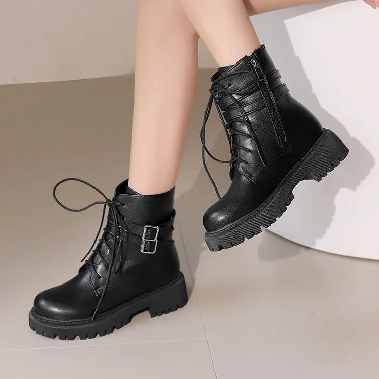 Women's Buckle Strap Lace Up Round Toe Flat Platform Short Boots