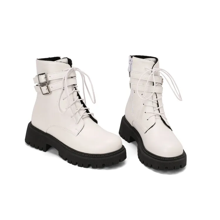 Women's Buckle Strap Lace Up Round Toe Flat Platform Short Boots