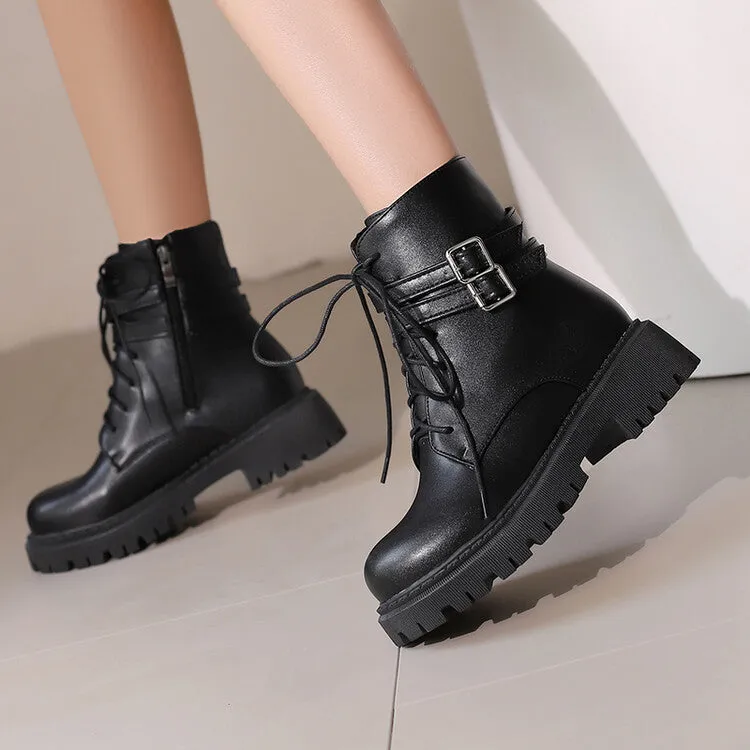 Women's Buckle Strap Lace Up Round Toe Flat Platform Short Boots