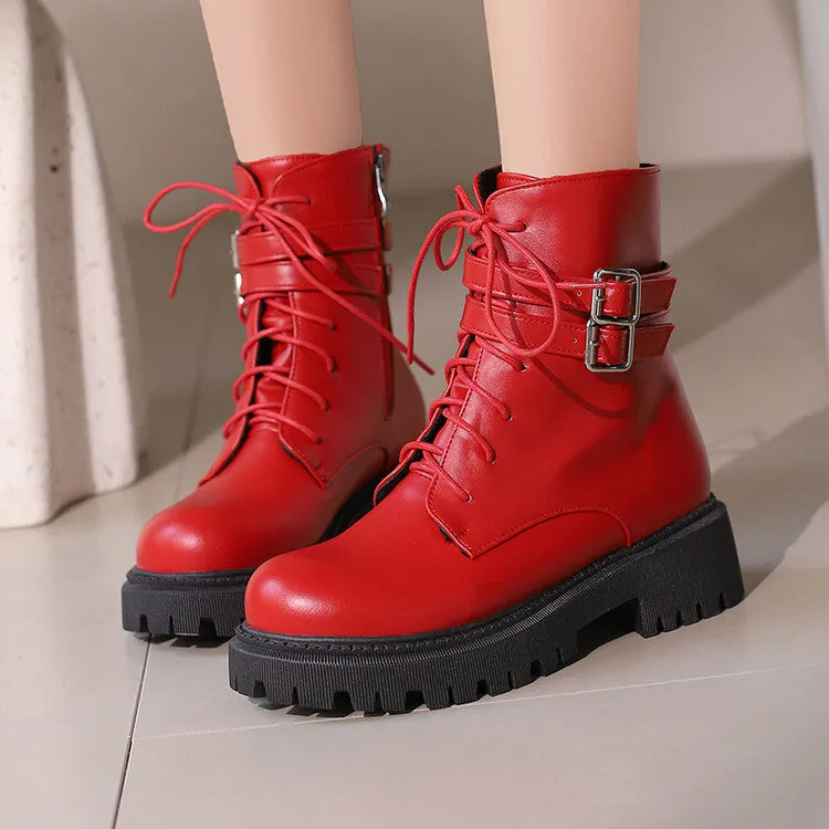 Women's Buckle Strap Lace Up Round Toe Flat Platform Short Boots