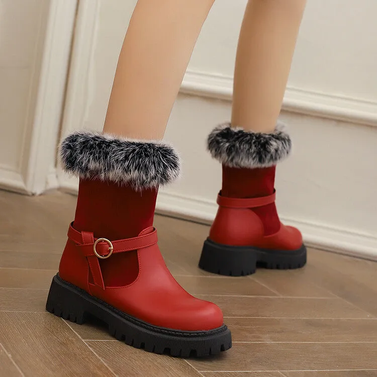 Women's Buckle Strap Round Toe Flat Short Boots