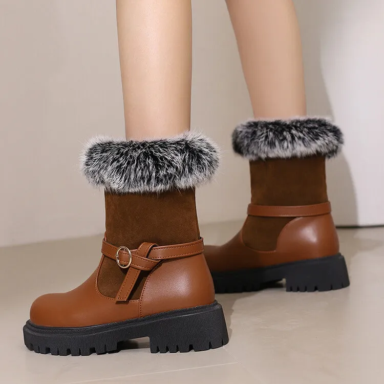 Women's Buckle Strap Round Toe Flat Short Boots