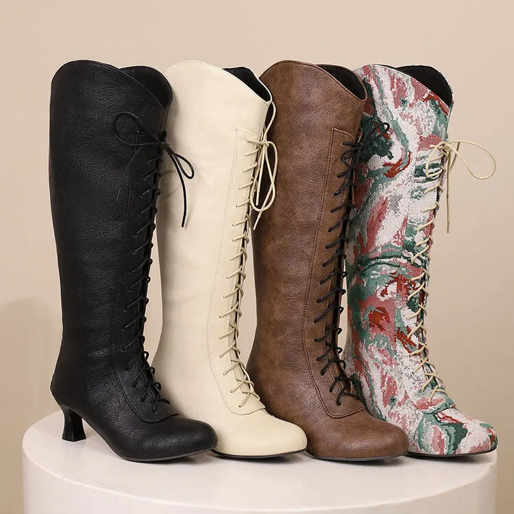 Women's Camouflage Lace-Up Round Toe Hoof Heel Mid-Calf Western Boots