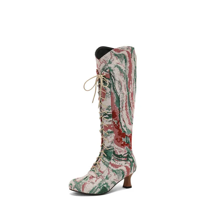 Women's Camouflage Lace-Up Round Toe Hoof Heel Mid-Calf Western Boots