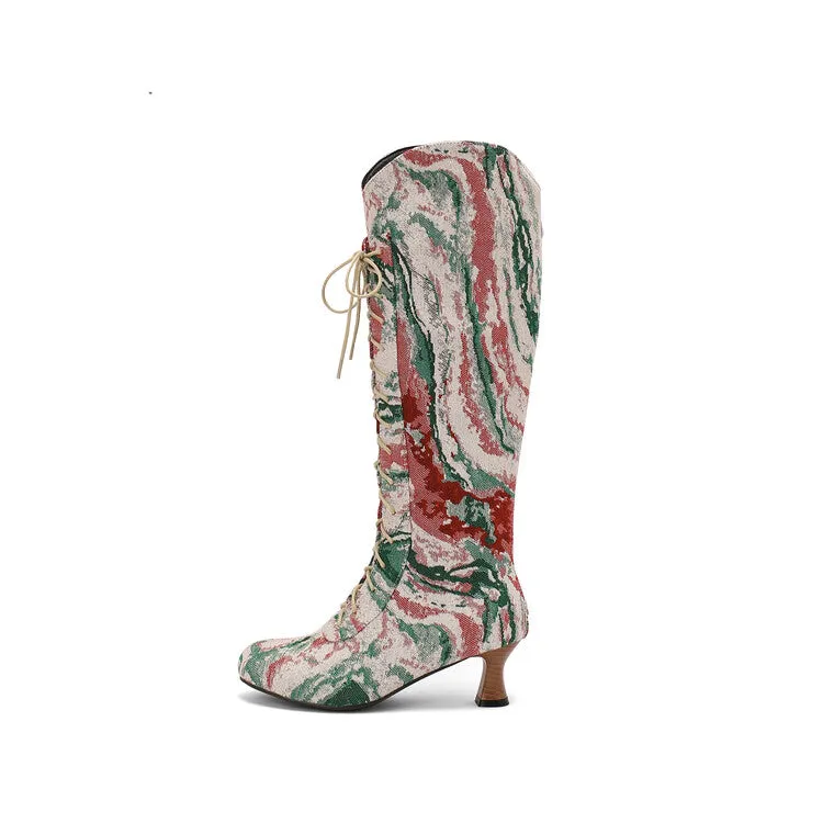 Women's Camouflage Lace-Up Round Toe Hoof Heel Mid-Calf Western Boots