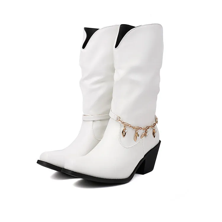 Women's Chains Pointed Toe Mid-Calf Western Boots