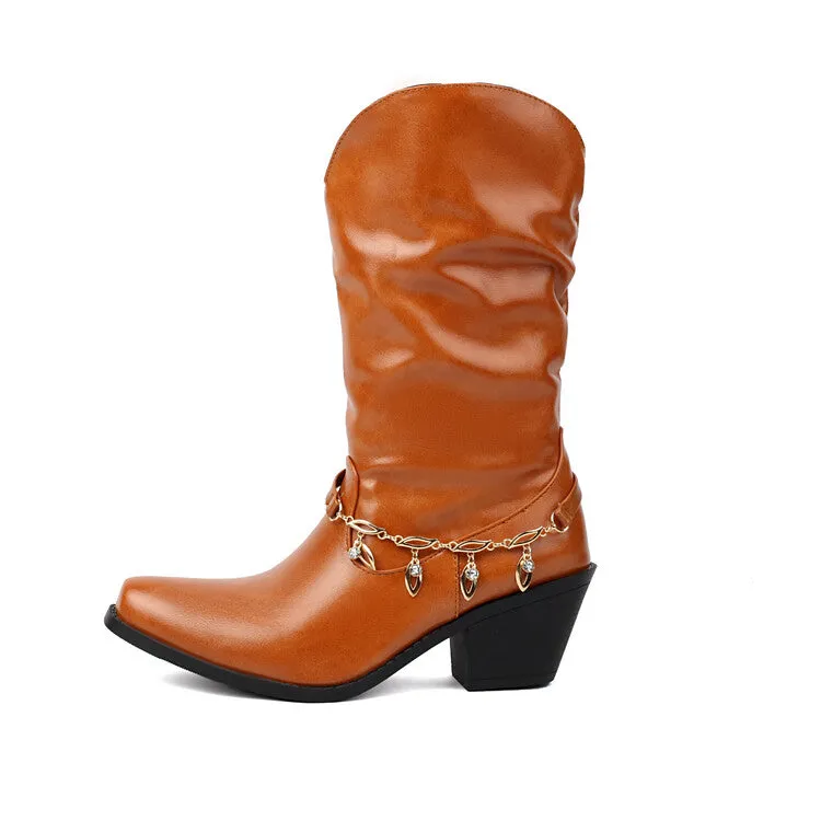 Women's Chains Pointed Toe Mid-Calf Western Boots