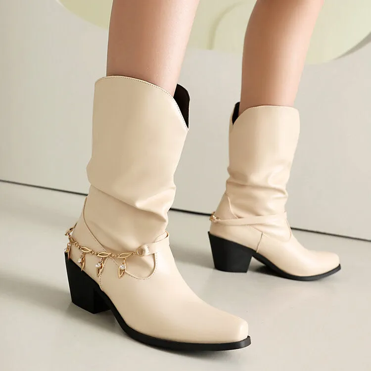 Women's Chains Pointed Toe Mid-Calf Western Boots