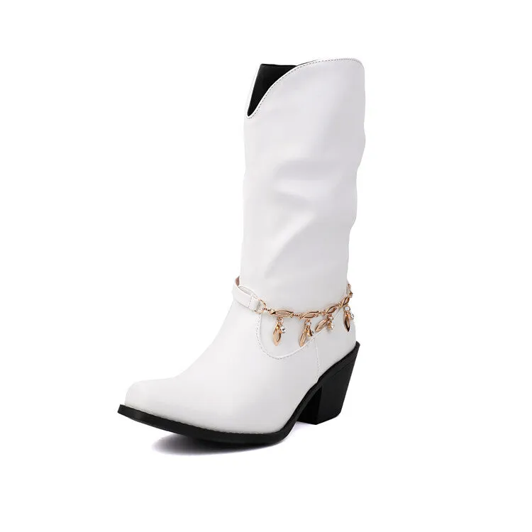 Women's Chains Pointed Toe Mid-Calf Western Boots