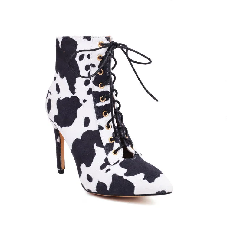 Women's Cow Leopard Print Pointed Toe Lace-Up Stiletto Heel Ankle Boots