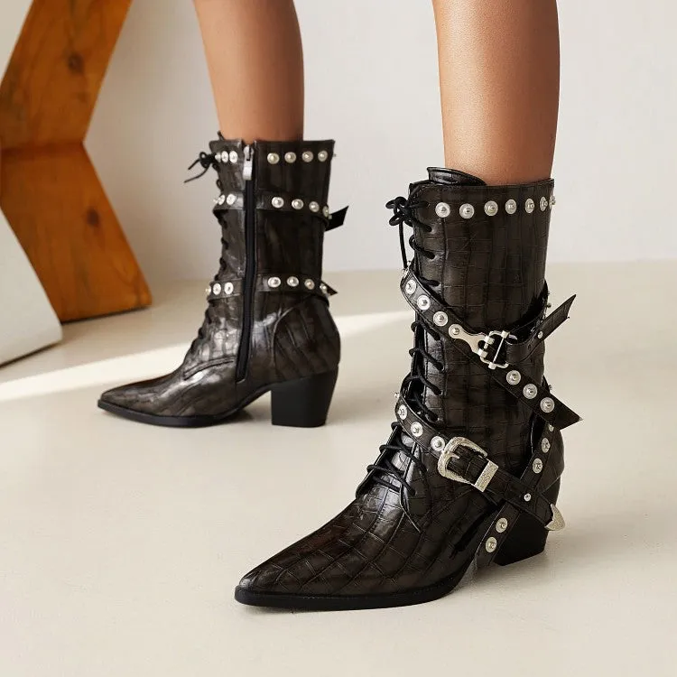 Women's
 Crocodile Pattern Pointed Toe Belts Buckles Rivets Puppy Heel Mid Calf Boots