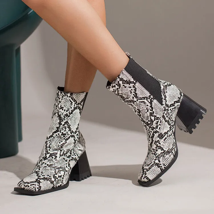 Women's Crocodile Pattern Square Toe Elastic Band Block Heel Short Boots