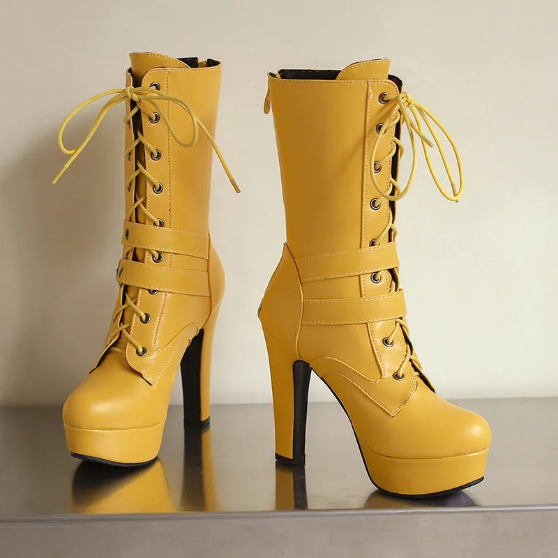 Womens Cross Tied Buckles High Block Heel Platform Punk Lace-up Boots