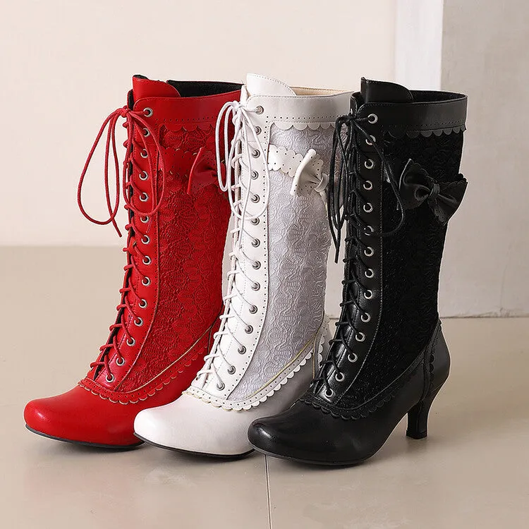 Women's Flowers Bows Round Toe Kitten Heel Mid-calf Boots