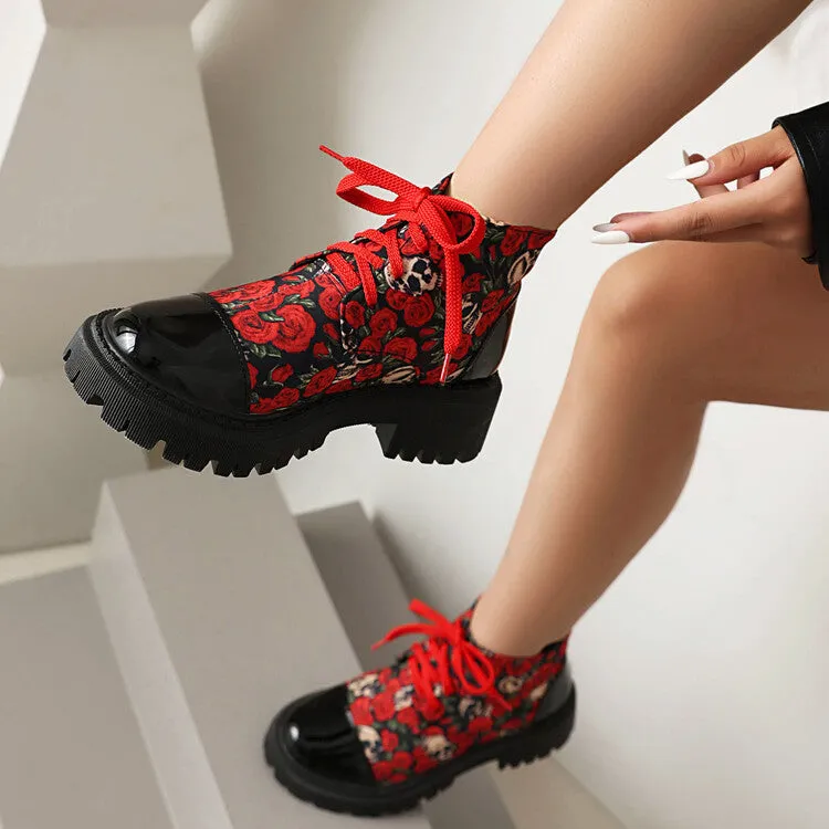 Women's Flowers Printed Lace-Up Round Toe Flat Platform Ankle Boots