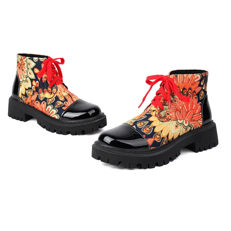 Women's Flowers Printed Lace-Up Round Toe Flat Platform Ankle Boots