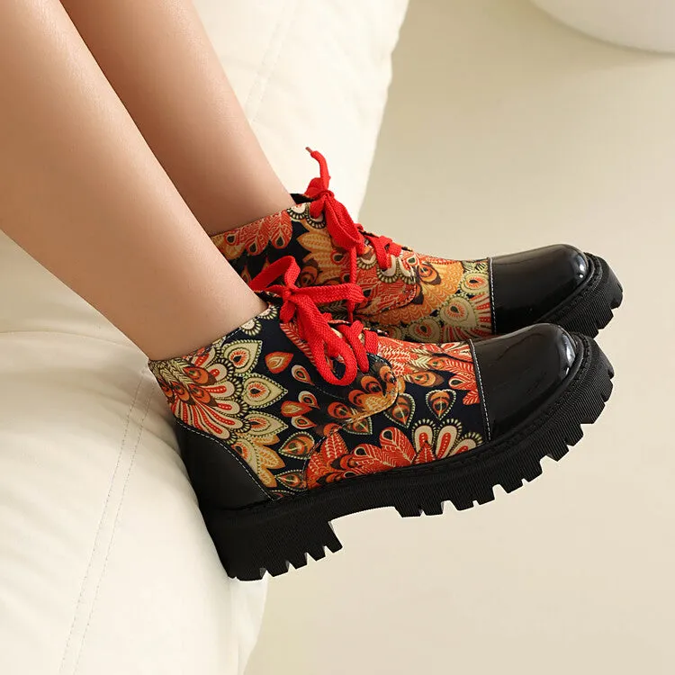 Women's Flowers Printed Lace-Up Round Toe Flat Platform Ankle Boots