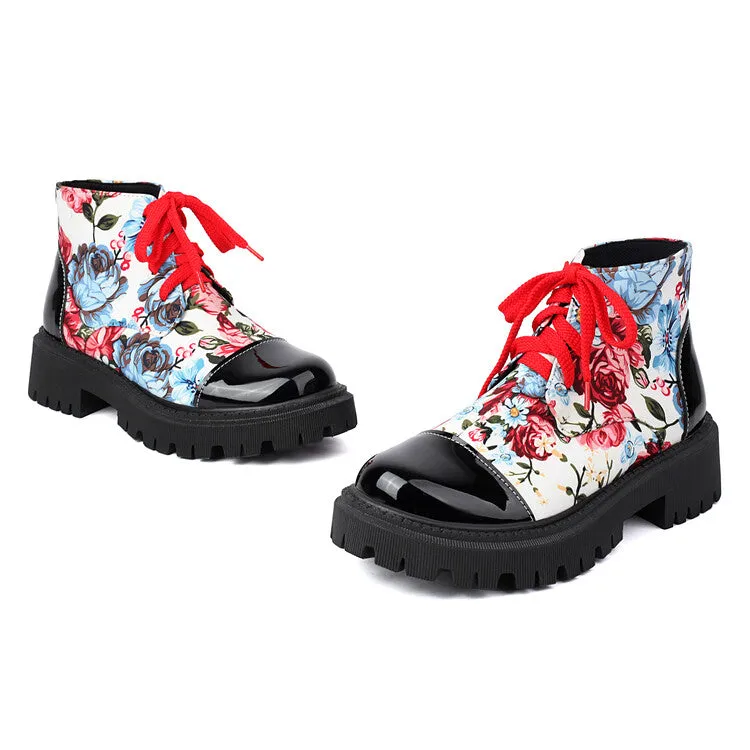 Women's Flowers Printed Lace-Up Round Toe Flat Platform Ankle Boots