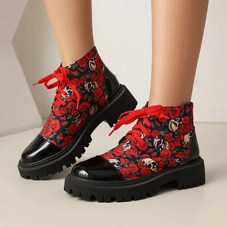 Women's Flowers Printed Lace-Up Round Toe Flat Platform Ankle Boots