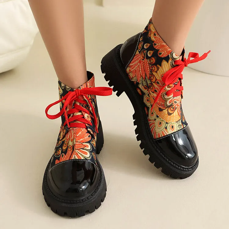 Women's Flowers Printed Lace-Up Round Toe Flat Platform Ankle Boots