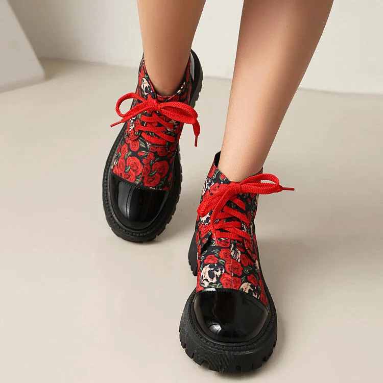 Women's Flowers Printed Lace-Up Round Toe Flat Platform Ankle Boots