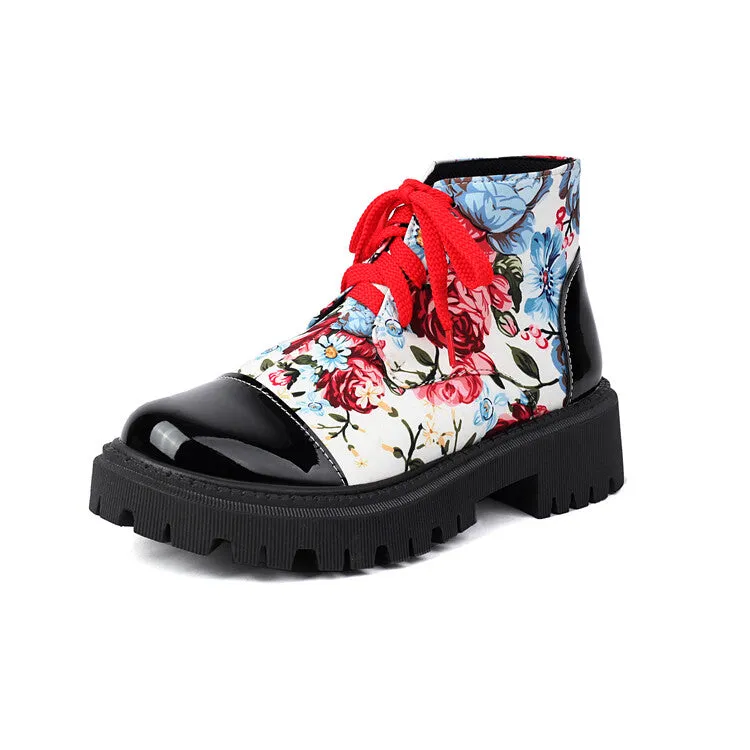 Women's Flowers Printed Lace-Up Round Toe Flat Platform Ankle Boots