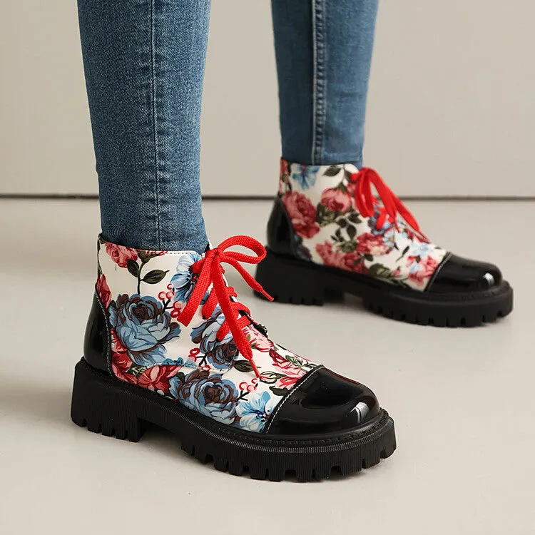 Women's Flowers Printed Lace-Up Round Toe Flat Platform Ankle Boots