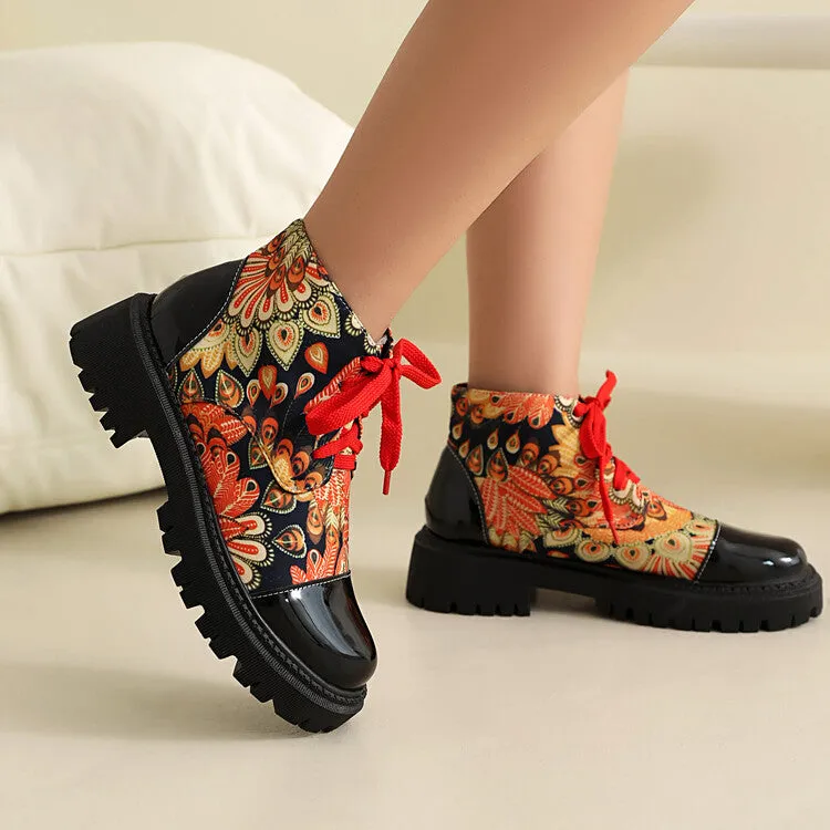 Women's Flowers Printed Lace-Up Round Toe Flat Platform Ankle Boots