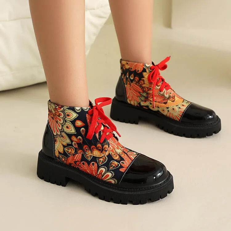 Women's Flowers Printed Lace-Up Round Toe Flat Platform Ankle Boots