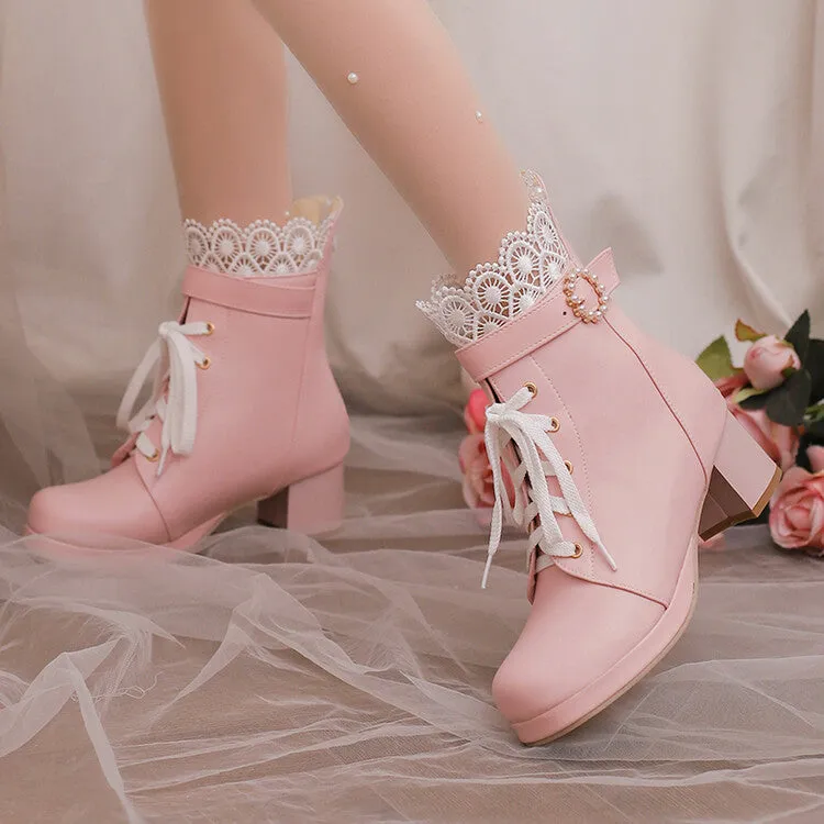 Women's Lace Beads Round Toe Block Heel Platform Ankle Boots